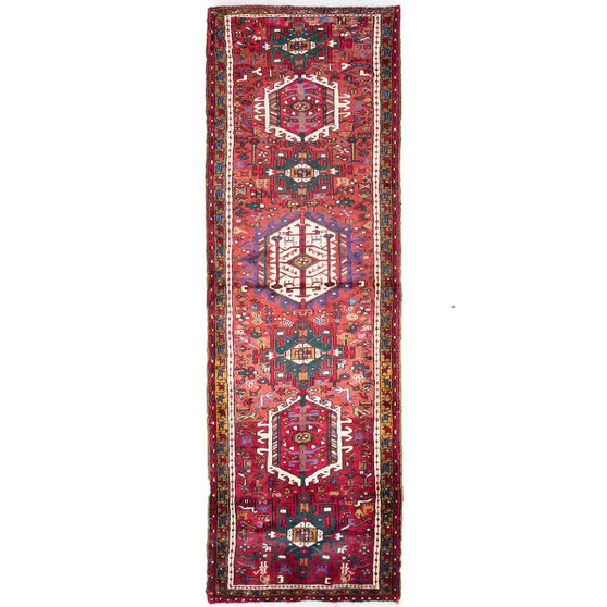 Karaja Persian Rug 9x2 ft - Semi Antique Medallion Geometric Madder Red, Burgundy, Navy Blue Hand Knotted | front view | SKU 112407