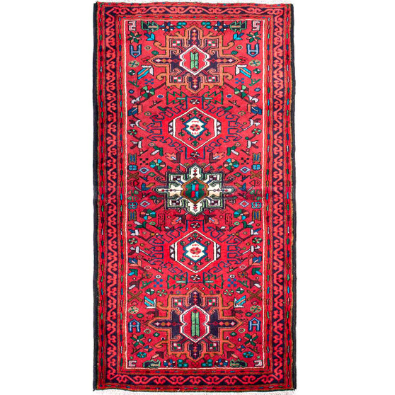 Karaja Persian Rug 6'3" x 3'1" - Semi Antique Medallion Ultramarine, Red Hand Knotted | front view | SKU 112409