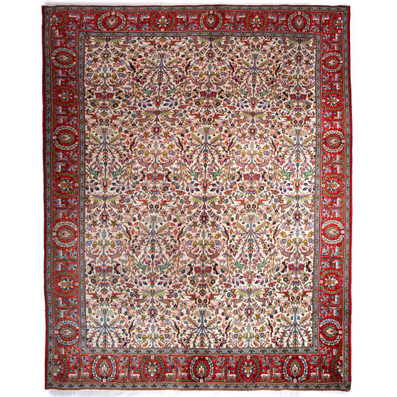 Tabriz Persian Rug 12'8" x 10'0" - Semi Antique Medallion Red, Cream Hand Knotted | front view | SKU 112415