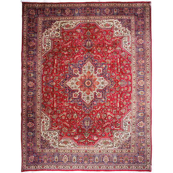 Tabriz Persian Rug 13x9 ft - Semi Antique Shah Abbasi, Medallion (Toranj) Madder Red, Cream, Navy Blue Hand Knotted | front view | SKU 112417