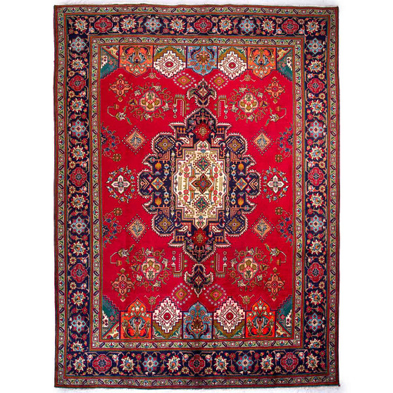 Tabriz Persian Rug 11'6" x 8'2" - Semi Antique Medallion Red, Cream Hand Knotted | front view | SKU 112418