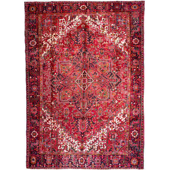 Goravan Persian Rug 12x9 ft - Semi Antique Medallion Toranj, Herati Mahi Madder Red, Dark Red, Burgundy Hand Knotted | front view | SKU 112419