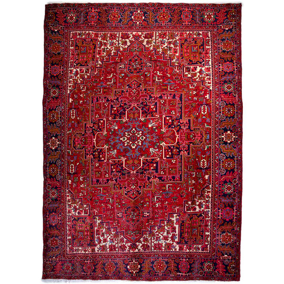 Heriz Persian Rug 13x9 ft - Semi Antique Medallion Toranj, Herati Mahi Madder Red, Burgundy, Navy Blue Hand Knotted | front view | SKU 112423