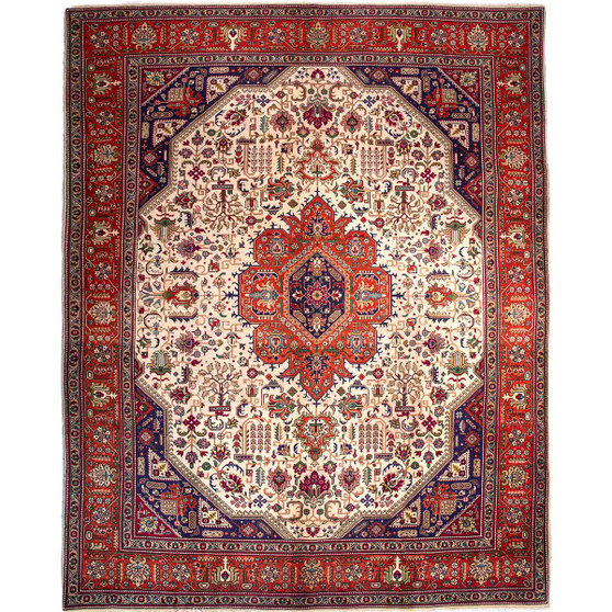 Azarshahr Persian Rug 12x9 ft - Semi Antique Medallion (Toranj), Shah Abbasi Cream, Red, Navy Blue Hand Knotted | front view | SKU 112424