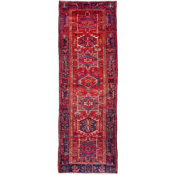 Zanjan Persian Rug 10x3 ft - Semi Antique Medallion Navy Blue, Crimson Hand Knotted | front view | SKU 112426