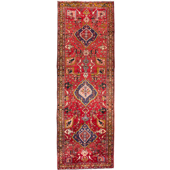 Azerbaijan Persian Rug 11x3 ft - Semi Antique Medallion Red, Cream Hand Knotted | front view | SKU 112427