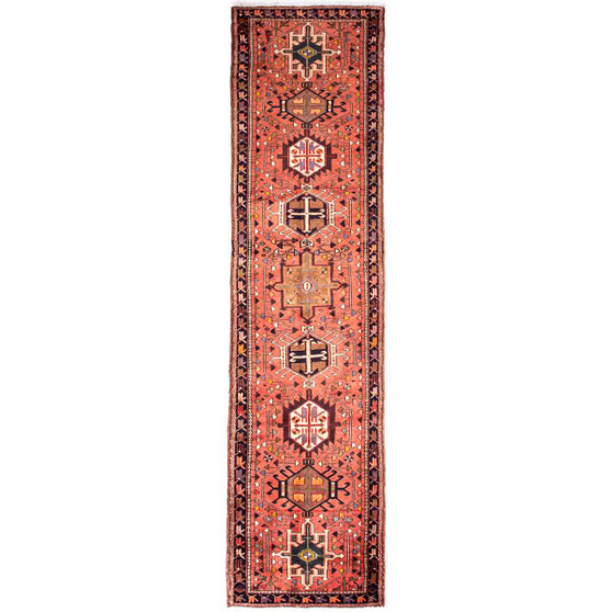 Karaja Persian Rug 10'0" x 2'5" - Semi Antique Medallion Ultramarine, Red Hand Knotted | front view | SKU 112428