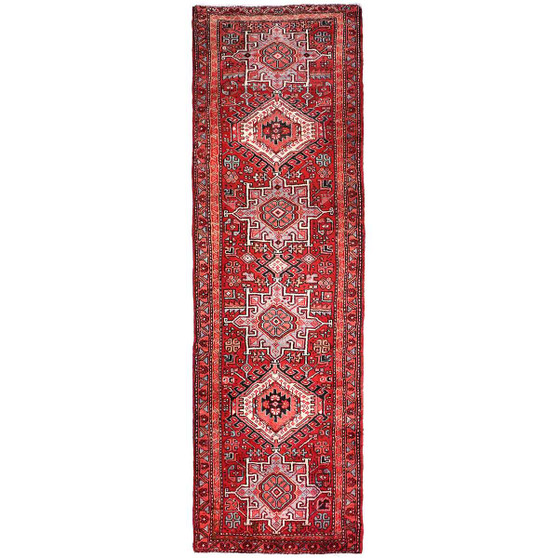 Goravan Persian Rug 10x3 ft - Semi Antique Medallion Toranj, Geometric Madder Red, Cream, Navy Blue Hand Knotted | front view | SKU 112429