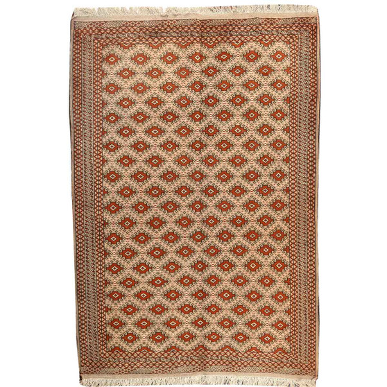 Turkmen Persian Rug 6x4 ft - 25-40 Years Vaghireh (Banded), Geometric Cream, Rust Red, Dark Red Hand Knotted | front view | SKU 110107