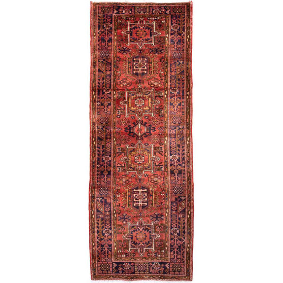 Ahar Persian Rug 10'9" x 3'10" - Semi Antique Medallion Red, Beige Hand Knotted | front view | SKU 112431
