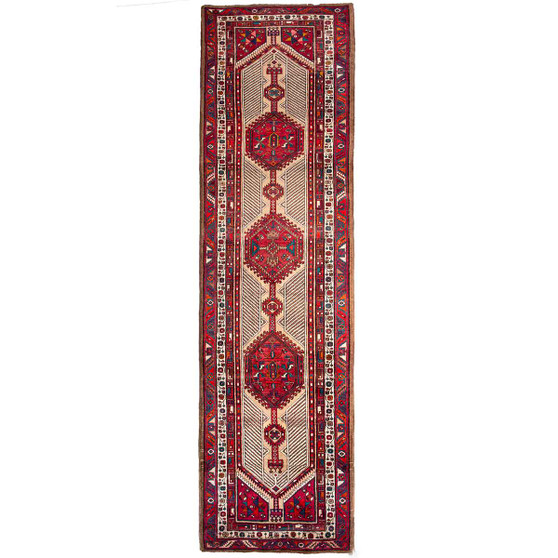 Azerbaijan Persian Rug 14'5" x 3'8" - Semi Antique Medallion Red, Cream Hand Knotted | front view | SKU 112433