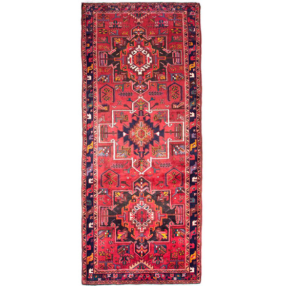 Karaja Persian Rug 9'10" x 3'11" - Semi Antique Medallion Ultramarine, Red Hand Knotted | front view | SKU 112434