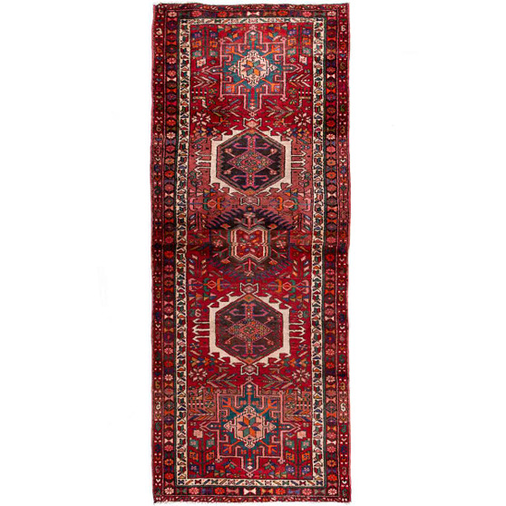 Karaja Persian Rug 8'2" x 3'3" - Semi Antique Medallion Ultramarine, Red Hand Knotted | front view | SKU 112439