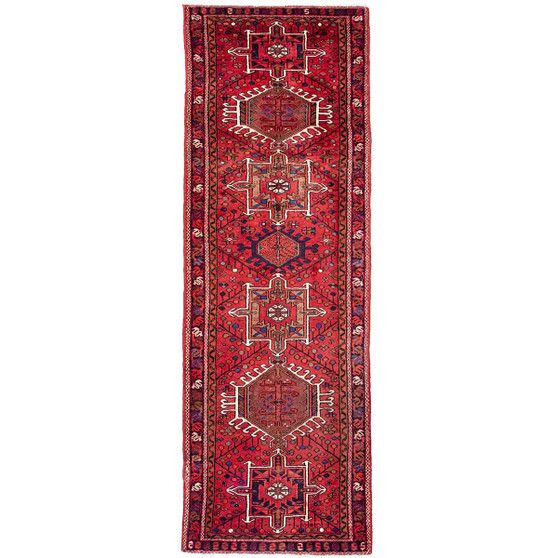 Karaja Persian Rug 10x3 ft - Semi Antique Medallion Ultramarine, Red Hand Knotted | front view | SKU 112440