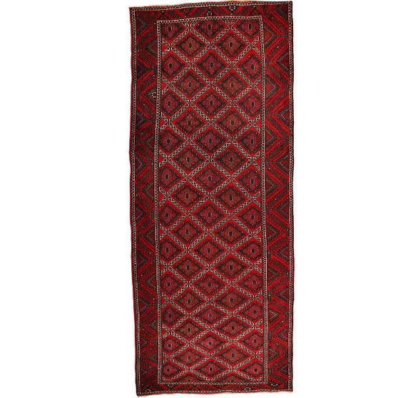 Baluch Persian Rug 12x4 ft - Semi Antique Diamond Lattice, Geometric Madder Red, Dark Red, Burgundy Hand Knotted | front view | SKU 110108