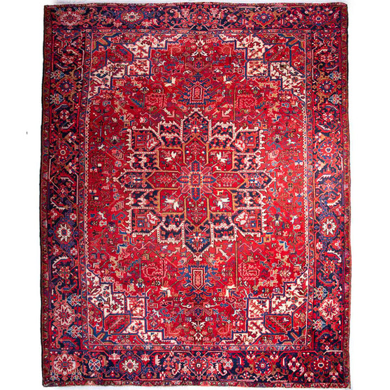Heriz Persian Rug 12x9 ft - Semi Antique Herati (Mahi), Geometric Madder Red, Navy Blue, Ivory Hand Knotted | front view | SKU 112456