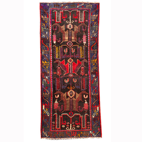 Qazvin Persian Rug 8x3 ft - Semi Antique Mihrab (Prayer), Geometric Dark Red, Navy Blue, Burgundy Hand Knotted | front view | SKU 110111