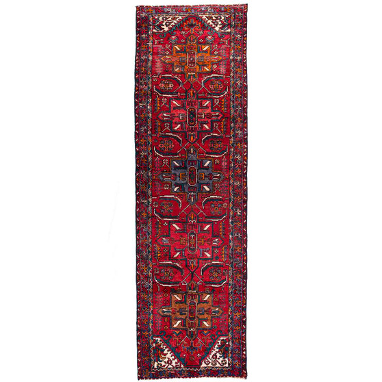 Karaja Persian Rug 10'6" x 2'11" - Semi Antique Medallion Ultramarine, Red Hand Knotted | front view | SKU 112463