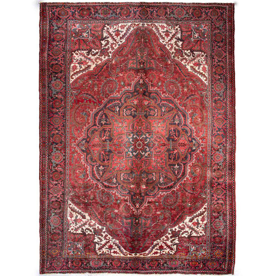 Sharabian Persian Rug 11x7 ft - Semi Antique Medallion Black, Navy Blue Hand Knotted | front view | SKU 112465