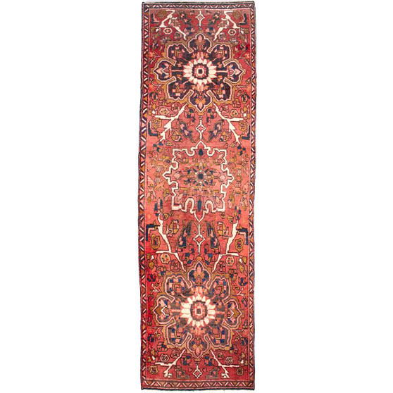 Azerbaijan Persian Rug 10'2" x 2'9" - Semi Antique Medallion Red, Cream Hand Knotted | front view | SKU 112467