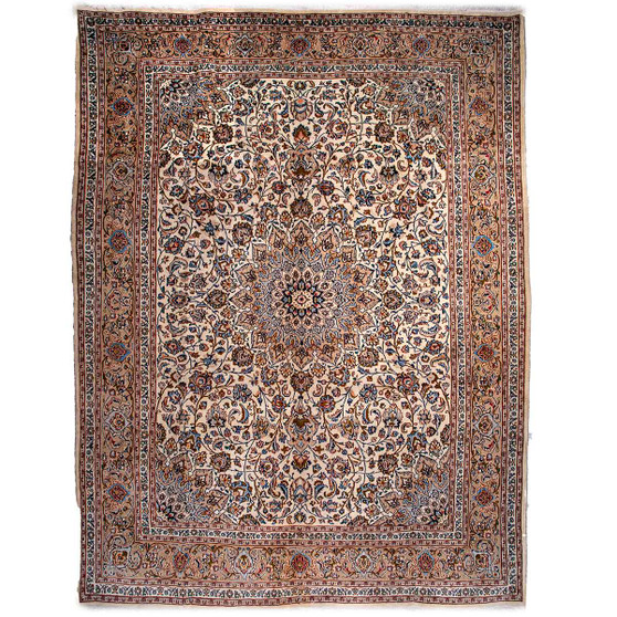 Kashmar Persian Rug 13'1" x 9'10" - Semi Antique Afshan Crimson, Ivory Hand Knotted | front view | SKU 112513