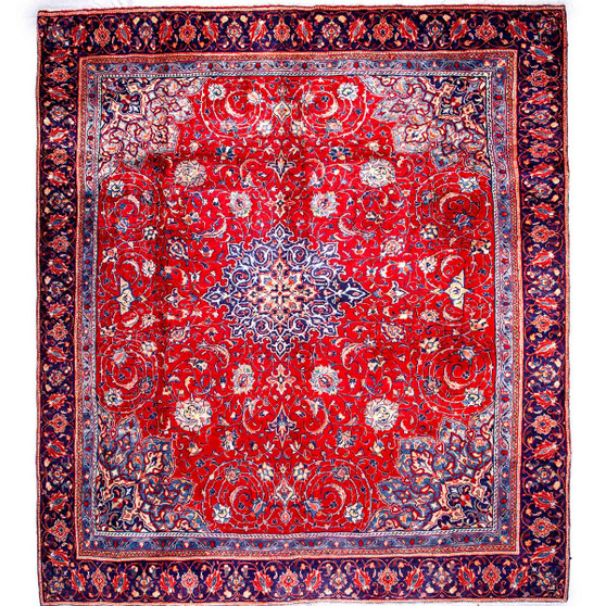 Mahal Persian Rug 10x9 ft - Semi Antique Medallion (Toranj), Shah Abbasi Madder Red, Navy Blue, Ivory Hand Knotted | front view | SKU 112514