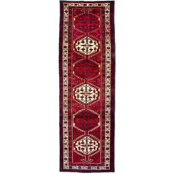 Sarab Persian Rug 10'11" x 3'3" - Semi Antique Medallion Camel, Blue Hand Knotted | front view | SKU 112515