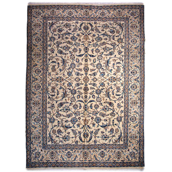 Tabas Persian Rug 11x7 ft - Semi Antique Afshan All-Over, Eslimi Arabesque Cream, Navy Blue, Indigo Hand Knotted | front view | SKU 112520