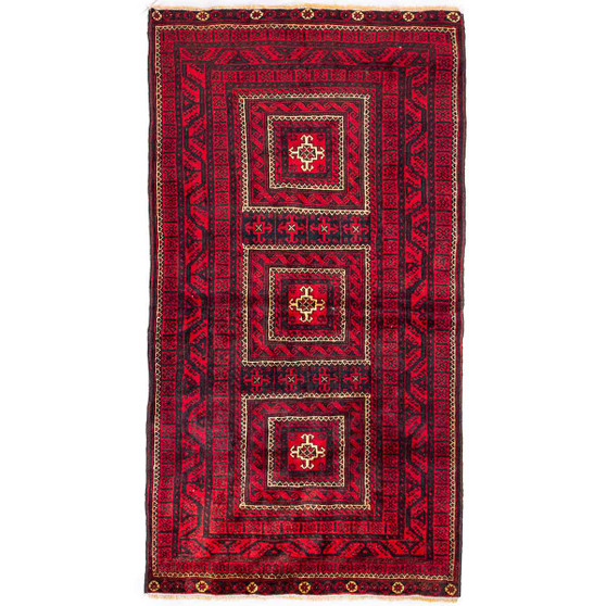 Baluch Persian Rug 7'1" x 3'10" - Semi Antique Mihrab Red, Blue Hand Knotted | front view | SKU 112523