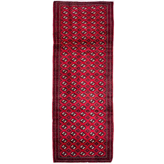 Baluch Persian Rug 9x3 ft - Semi Antique Mihrab Red, Blue Hand Knotted | front view | SKU 112524