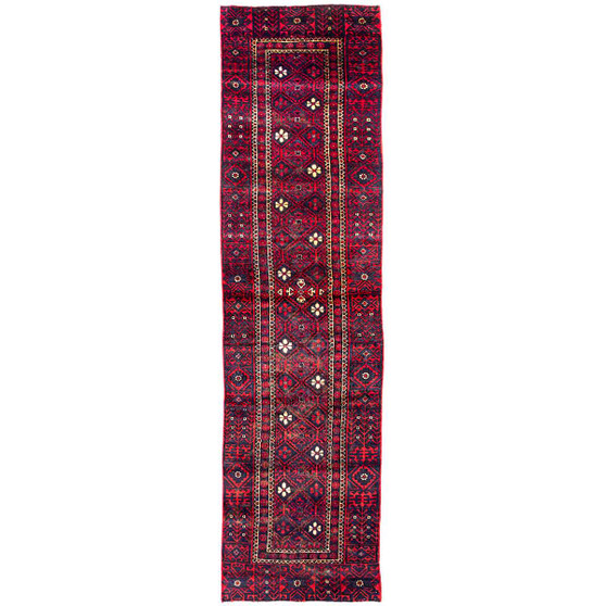 Baluch Persian Rug 11'11" x 3'3" - Semi Antique Mihrab Red, Blue Hand Knotted | front view | SKU 112549
