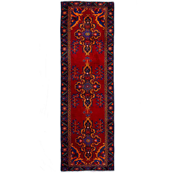 Ferdos Persian Rug 10x3 ft - Semi Antique Geometric Red, Beige Hand Knotted | front view | SKU 112551