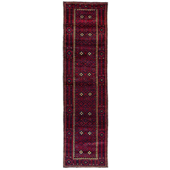 Baluch Persian Rug 8'12" x 3'3" - Semi Antique Mihrab Red, Blue Hand Knotted | front view | SKU 112552