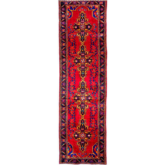 Ferdows Persian Rug 13x3 ft - Semi Antique Medallion Geometric Red, Navy Blue, Gold Hand Knotted | front view | SKU 112554