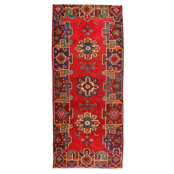 Hamadan Persian Rug 8'8" x 3'6" - Semi Antique Afshan Red, Blue Hand Knotted | front view | SKU 110113