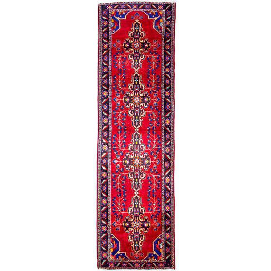 Ferdows Persian Rug 13x3 ft - Semi Antique Eslimi Arabesque, Medallion Toranj Madder Red, Navy Blue, Ivory Hand Knotted | front view | SKU 112555