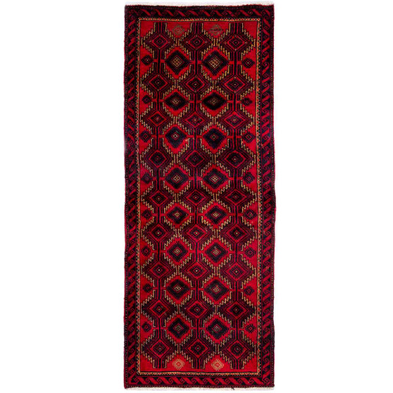 Baluch Persian Rug 5'4" x 2'1" - Semi Antique Mihrab Red, Blue Hand Knotted | front view | SKU 112559