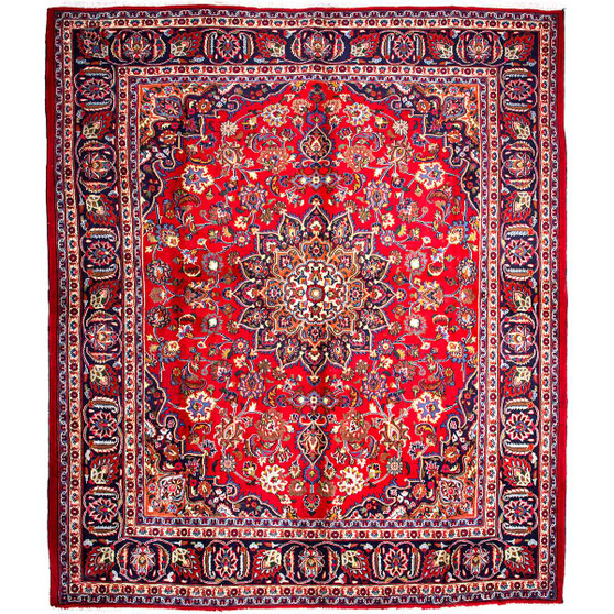 Mashhad Persian Rug 9x8 ft - Semi Antique Medallion (Toranj), Shah Abbasi Crimson, Navy Blue, Cream Hand Knotted | front view | SKU 112560