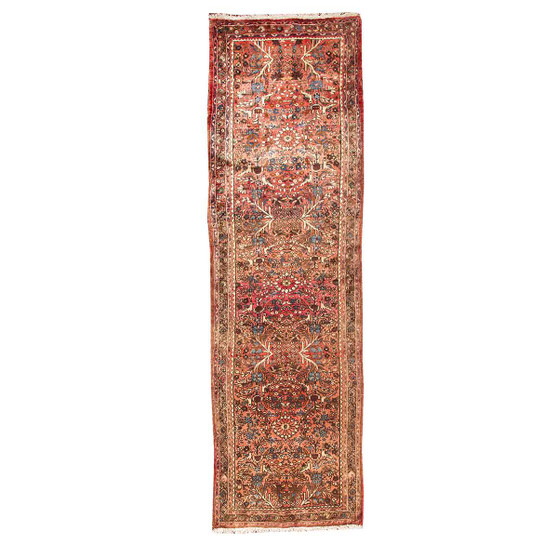 Rudbar Persian Rug 9'9" x 2'9" - Semi Antique Medallion Red, Ivory Hand Knotted | front view | SKU 110115