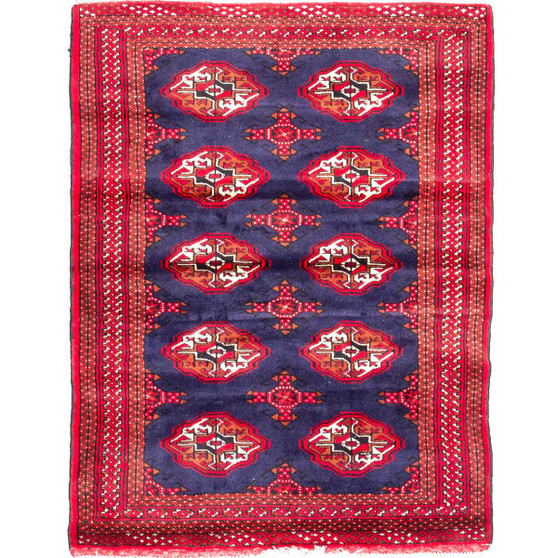 Turkmen Persian Rug 4x3 ft - Semi Antique Geometric, Turkmen Gul Navy Blue, Crimson, Red Hand Knotted | front view | SKU 112565