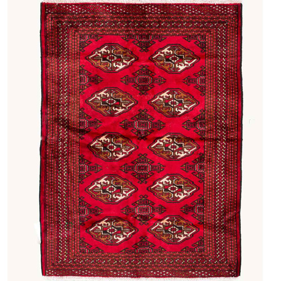 Baluch Persian Rug 3x2 ft - Semi Antique Geometric, Turkmen Gul Red, Crimson, Dark Red Hand Knotted | front view | SKU 112566