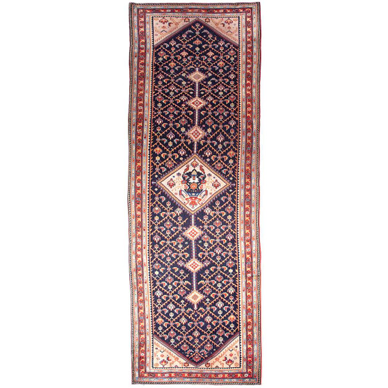 Quchan Persian Rug 13'7" x 4'1" - Antique Medallion Red, Blue Hand Knotted | front view | SKU 112568