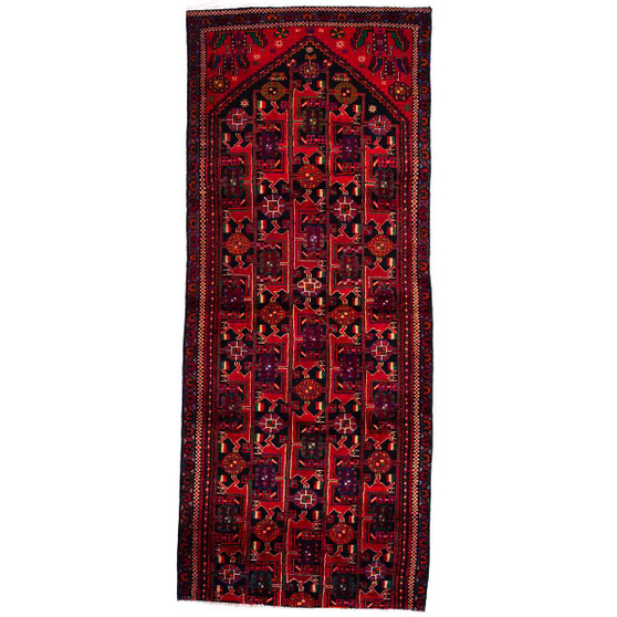 Baluch Persian Rug 8'4" x 3'3" - Semi Antique Mihrab Red, Blue Hand Knotted | front view | SKU 112573