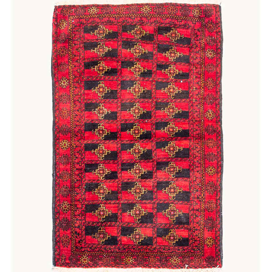 Turkmen Persian Rug 4x3 ft - Semi Antique Geometric Crimson, Navy Blue Hand Knotted | front view | SKU 112574