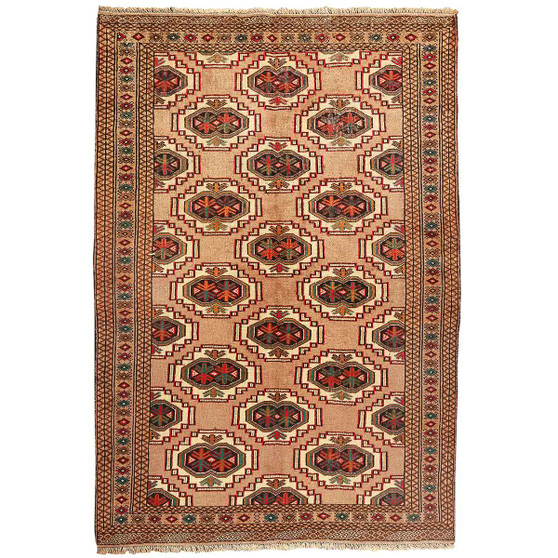 Turkmen Persian Rug 6'7" x 4'7" -  Geometric Crimson, Navy Blue Hand Knotted | front view | SKU 110116
