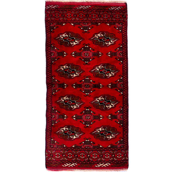 Turkmen Persian Rug 4'9" x 2'2" - Semi Antique Geometric Crimson, Navy Blue Hand Knotted | front view | SKU 112576