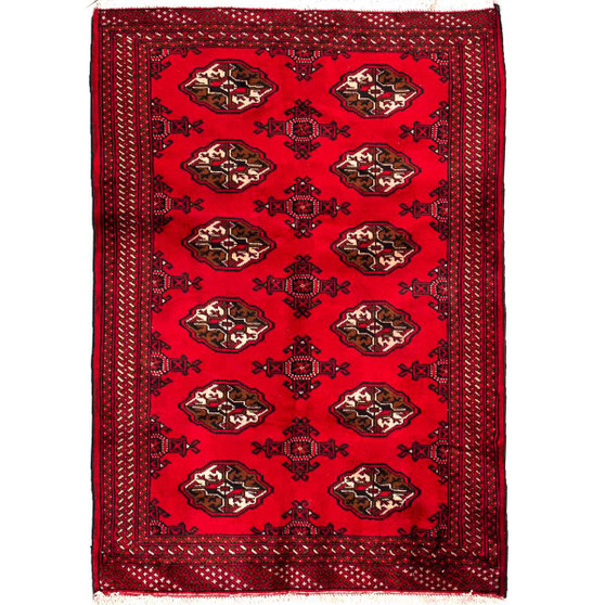 Turkmen Persian Rug 4x3 ft - Semi Antique Geometric, Turkmen Gul Crimson, Dark Red, Burgundy Hand Knotted | front view | SKU 112577