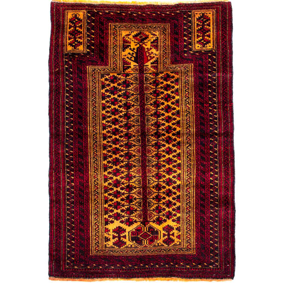 Baluch Persian Rug 4'11" x 3'3" - Semi Antique Mihrab Red, Blue Hand Knotted | front view | SKU 112579