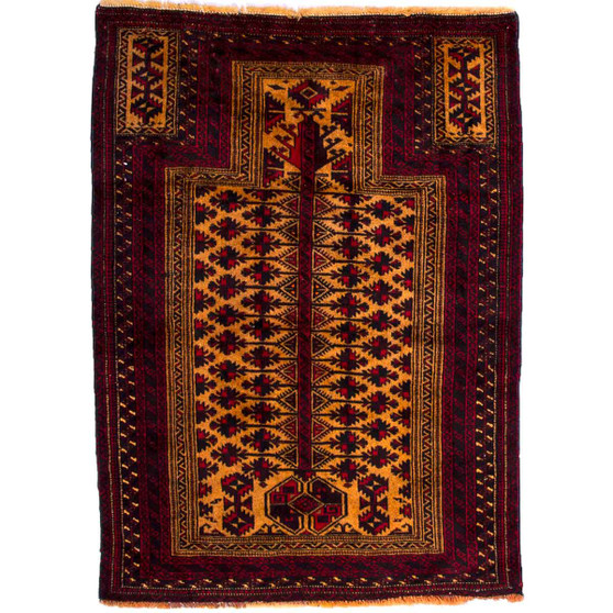 Baluch Persian Rug 4'8" x 3'3" - Semi Antique Mihrab Red, Blue Hand Knotted | front view | SKU 112580