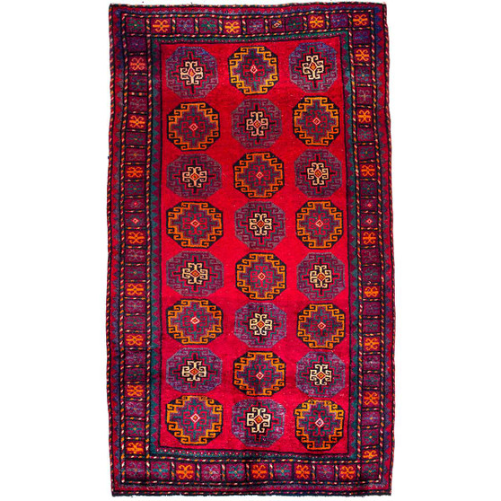 Quchan Persian Rug 9x4 ft - Semi Antique Geometric, Turkmen Gul Red, Burgundy, Navy Blue Hand Knotted | front view | SKU 112583